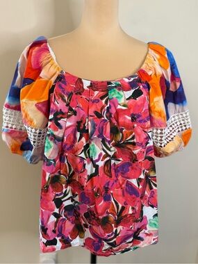 French Connection boho floral mesh lace short sleeve top SM